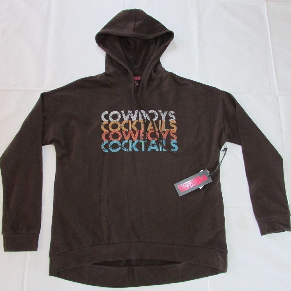 Rock & Roll Denim Women's MD Cowboys Cocktails Hoodie Pullover Sweatshirt Brown